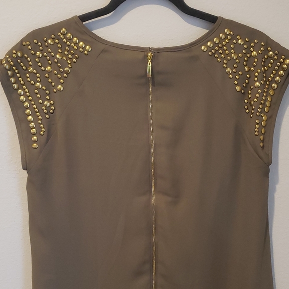Army Green Shift Dress w/ Brass Studded Shoulders - Picture 4 of 7